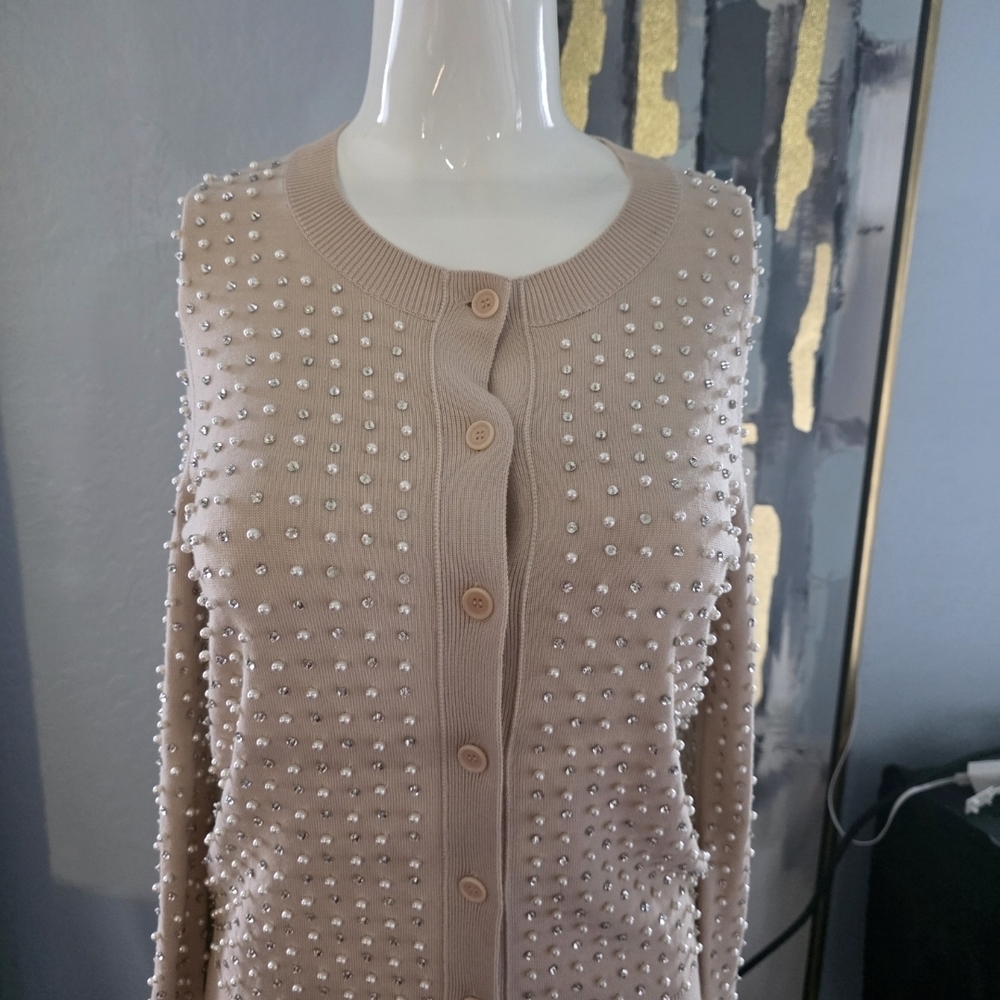 Givenchy Paris Beige Wool Silk Cardigan Pearl Crystal Button Size Small Designer